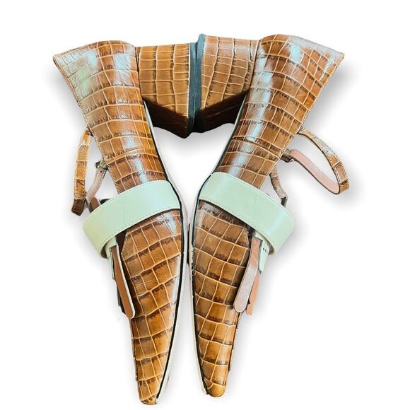 CHIN CHIN Designer Crocodile Print Square Toe Leather Fringe Heeled Loafers - Picture 7 of 15